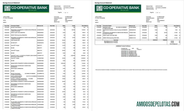 Extrato de conta bancária cooperativa do Quênia em branco, modelo Word e PDF, 2 páginas